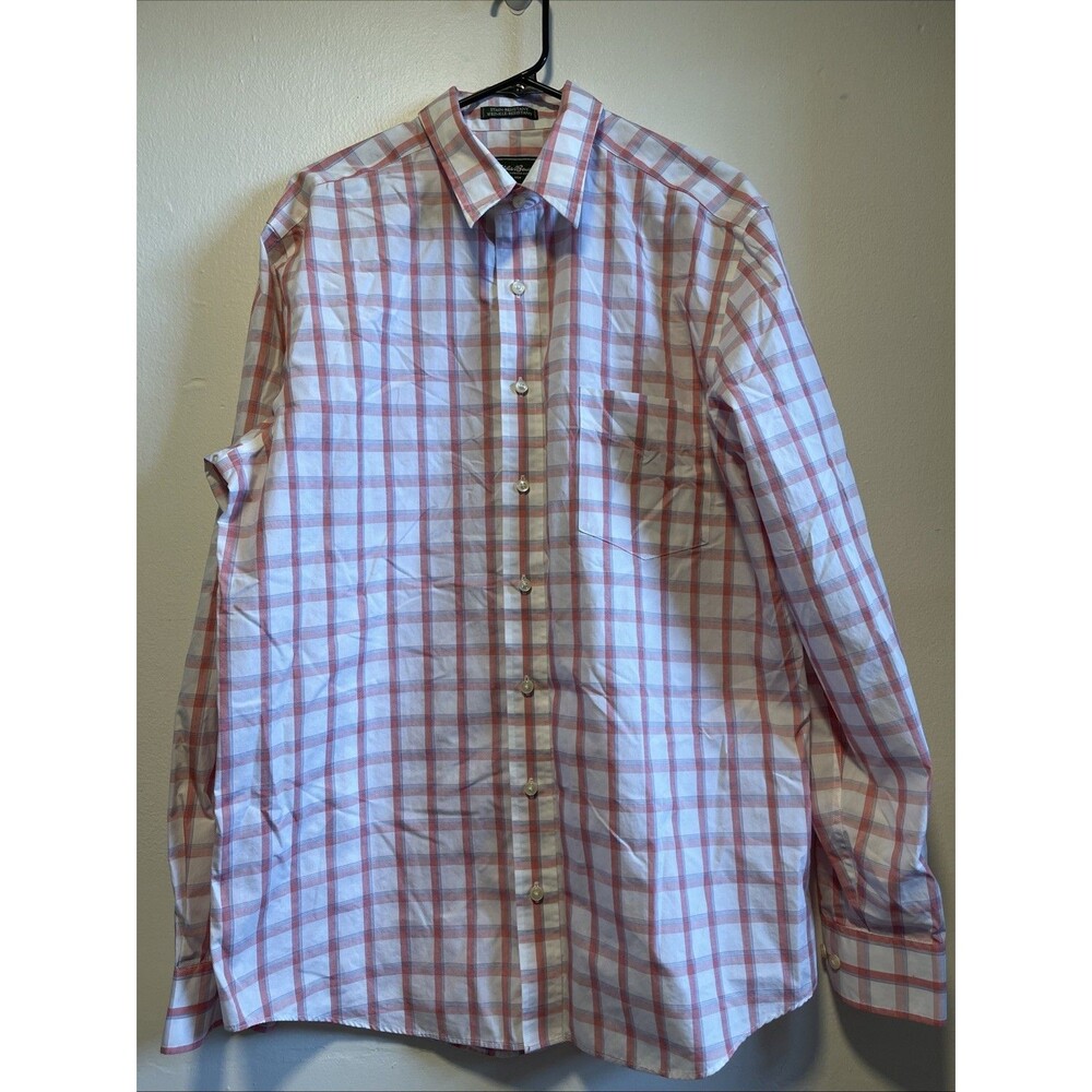 Eddie Bauer Mens Dress Cotton Shirt Tall Large White Red Wrinkle Stain Resist
